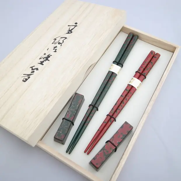 夫婦箸箸置きセット唐塗青上・赤上